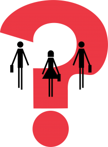 Graphic of big red question mark with silhouettes of three business people.